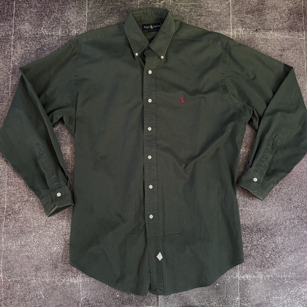 Men's Vintage 90s Polo Ralph Lauren Forest Moss Green Button Up Long Sleeve Sz M